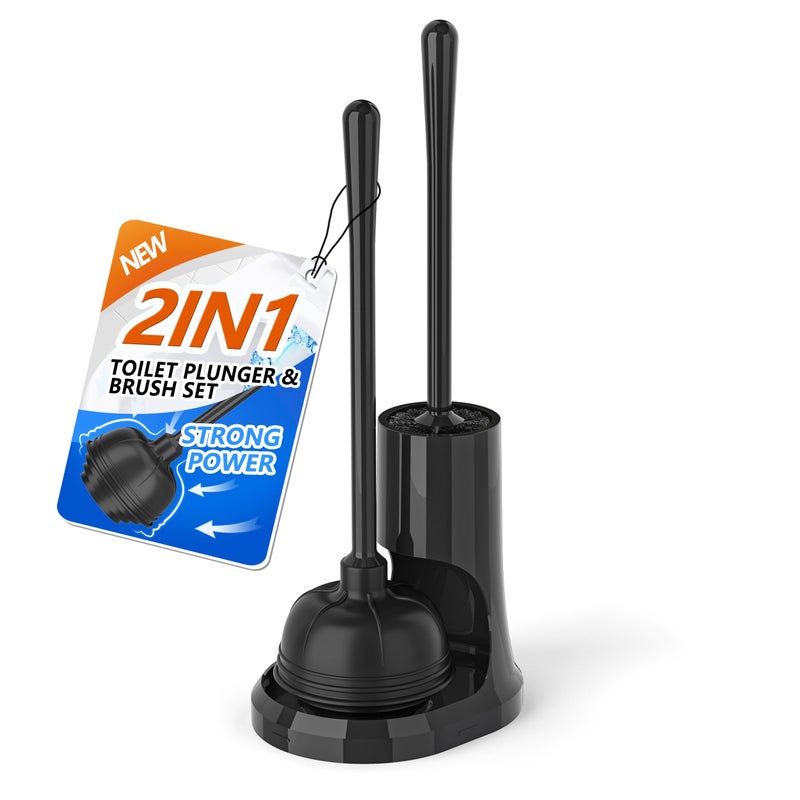 uptronic Toilet Plunger and Brush, Bowl Brush and Heavy Duty Toilet Plunger Set with Holder, 2-in-1 Bathroom Cleaning Combo with Modern Caddy Stand for for 5.7-inch Toilet Drain Bathroom Cleaning - Image 1